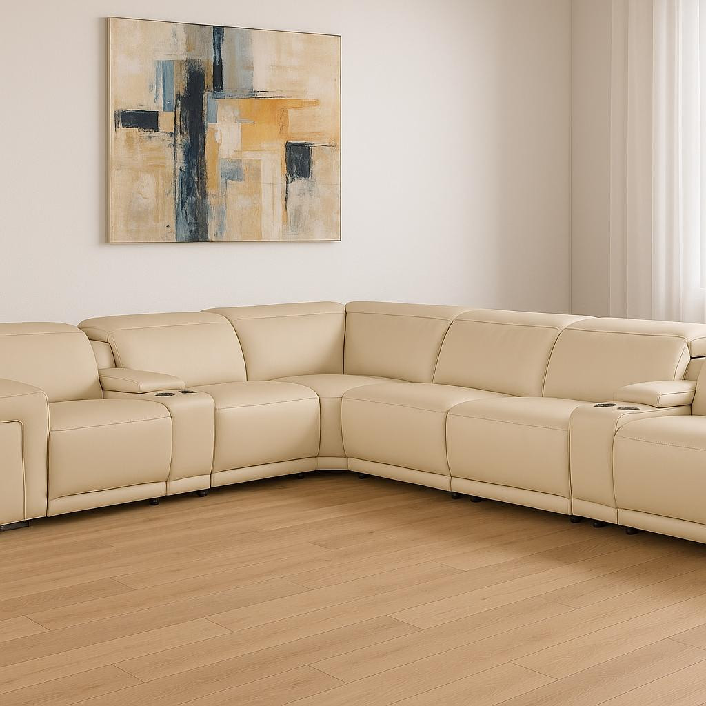 534850 Beige Italian Leather Modular L Shaped 8 Piece Corner Sectional with Console