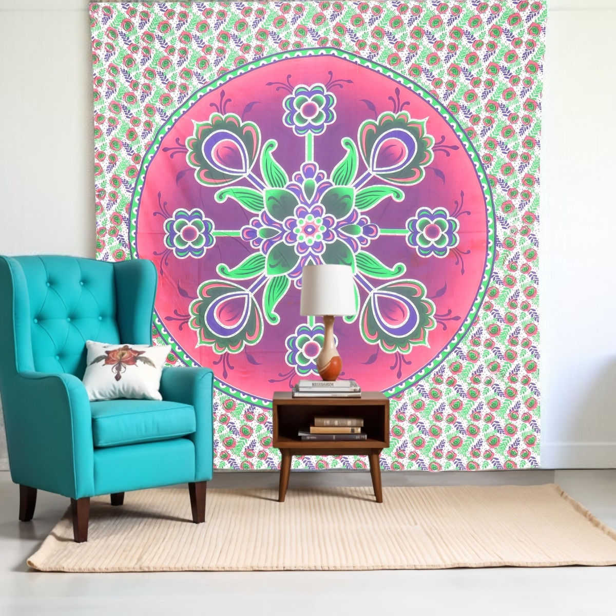 397424 88 x 84 in. Green Pink & White Floral Cotton Hanging Tapestry