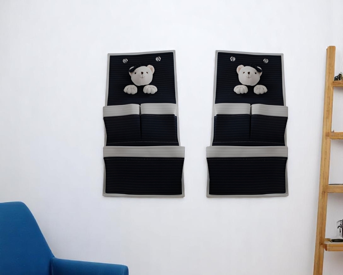 402234 Black & White Teddy Bear Three Pocket Fabric Wall Hanger - Set of 2