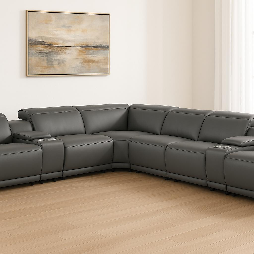 534868 Gray Italian Leather Modular L Shaped 8 Piece Corner Sectional with Console