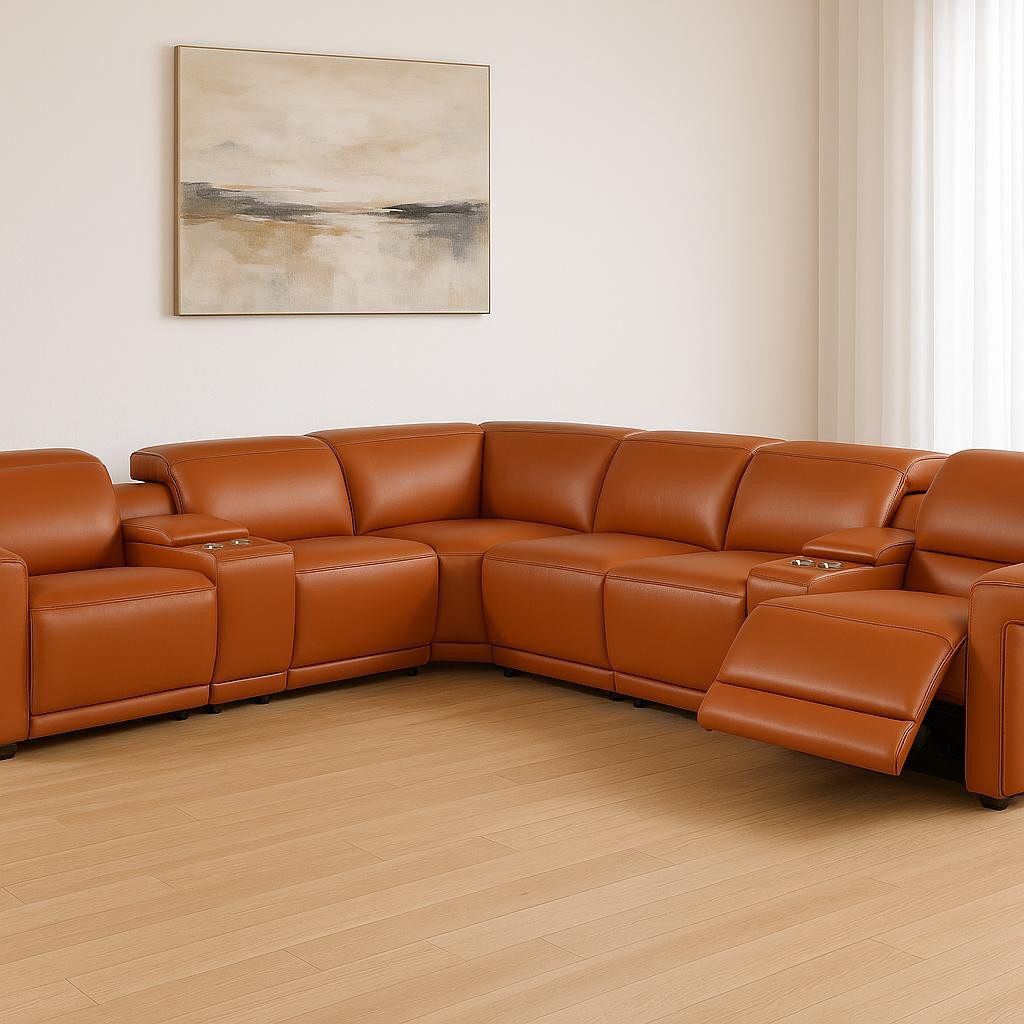 534862 Camel Italian Leather Modular L Shaped 8 Piece Corner Sectional with Console