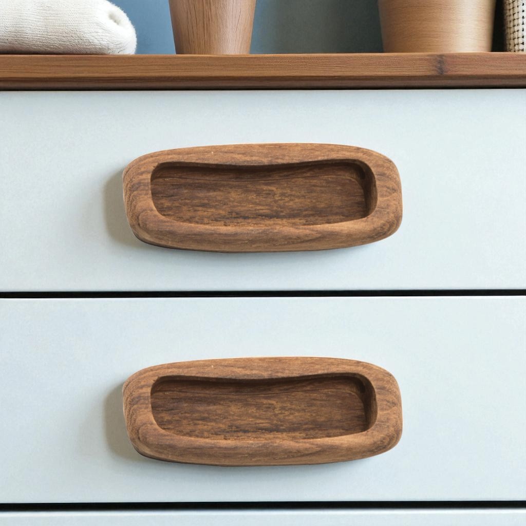 476581 Brown Teak Wood Drawer Pull Knobs - Set of 2