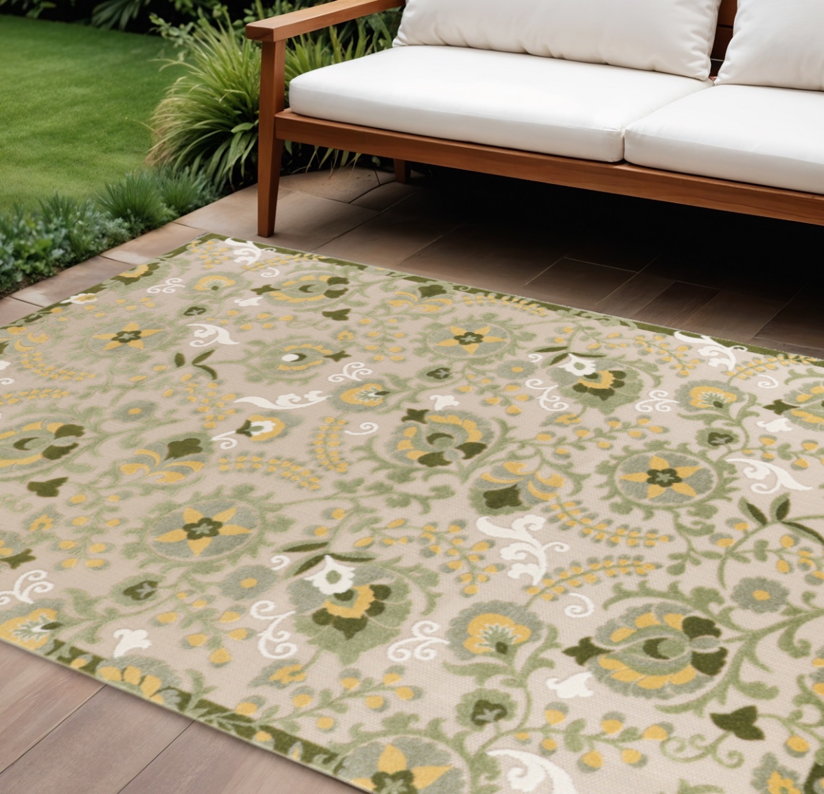 548129 12 x 15 ft. Ivory Green & Yellow Floral Indoor & Outdoor Rectangle Area Rug