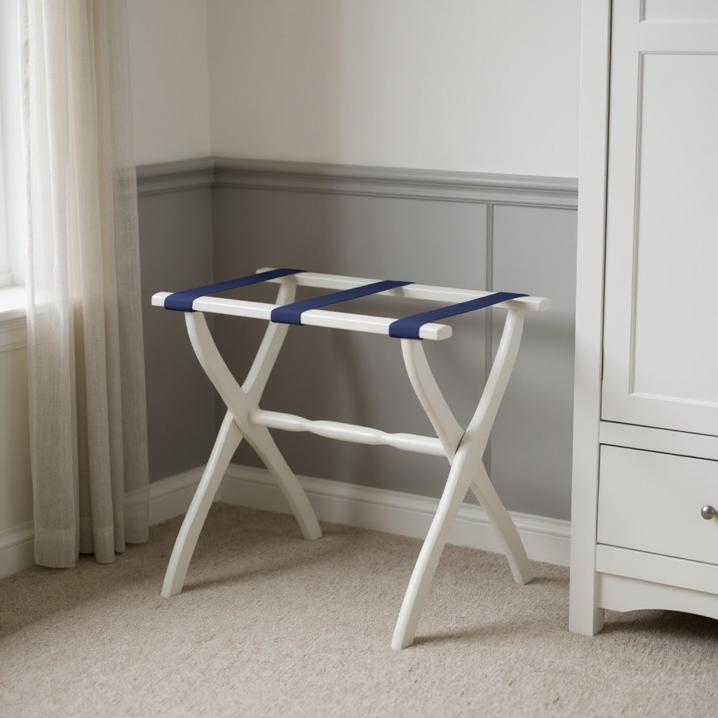 489578 White Folding Luggage Rack with Black Straps