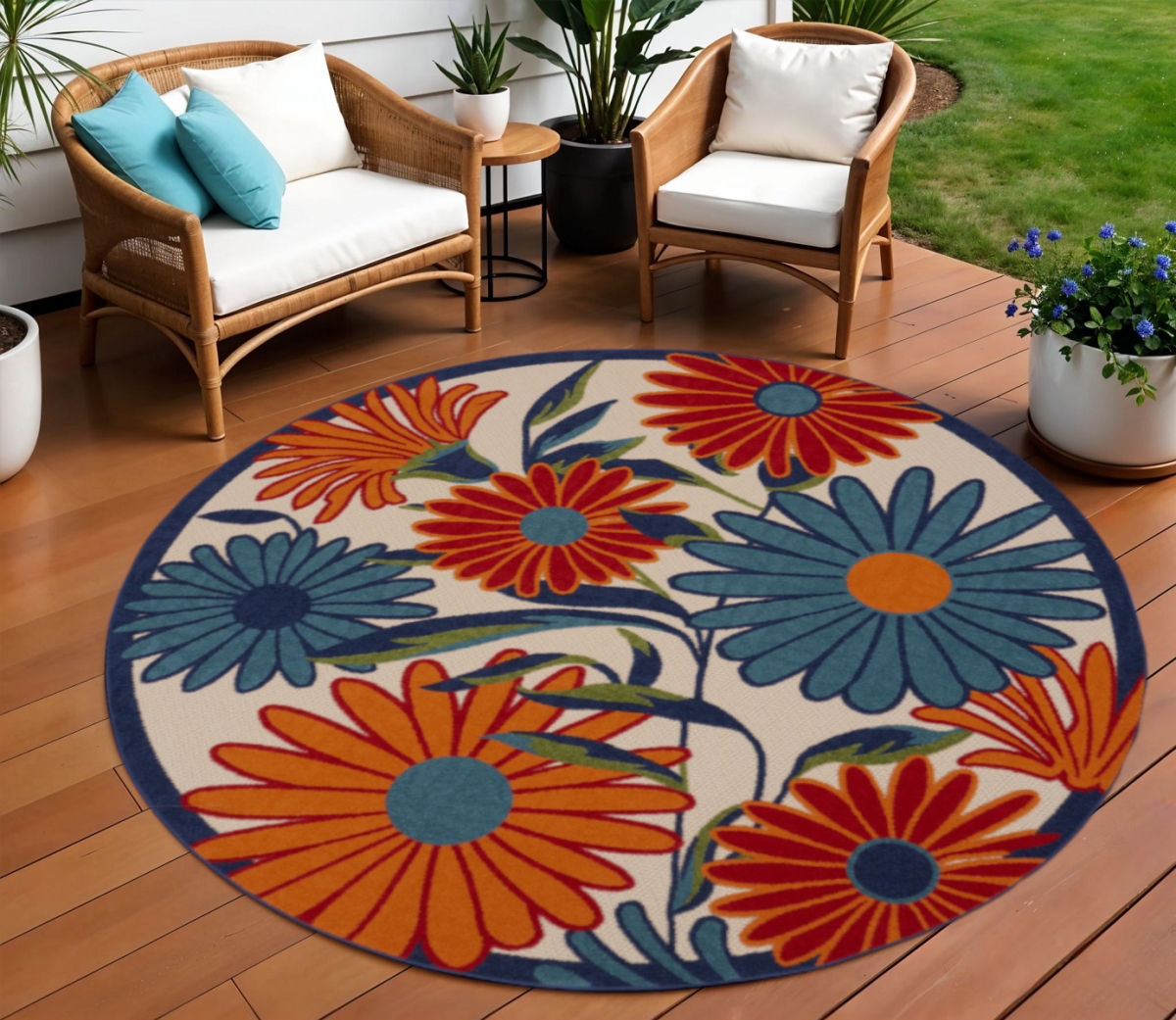545041 10 ft. Ivory, Blue & Orange Floral Indoor & Outdoor Round Area Rug