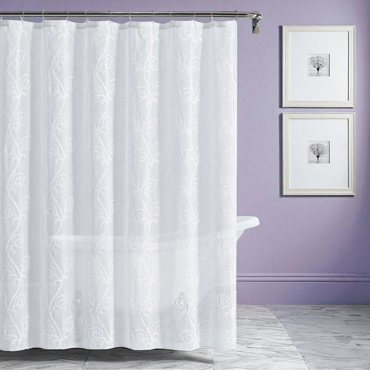 Floral Embroidered Shower Curtain - White - 72 in. - Single Piece - Elegant Design