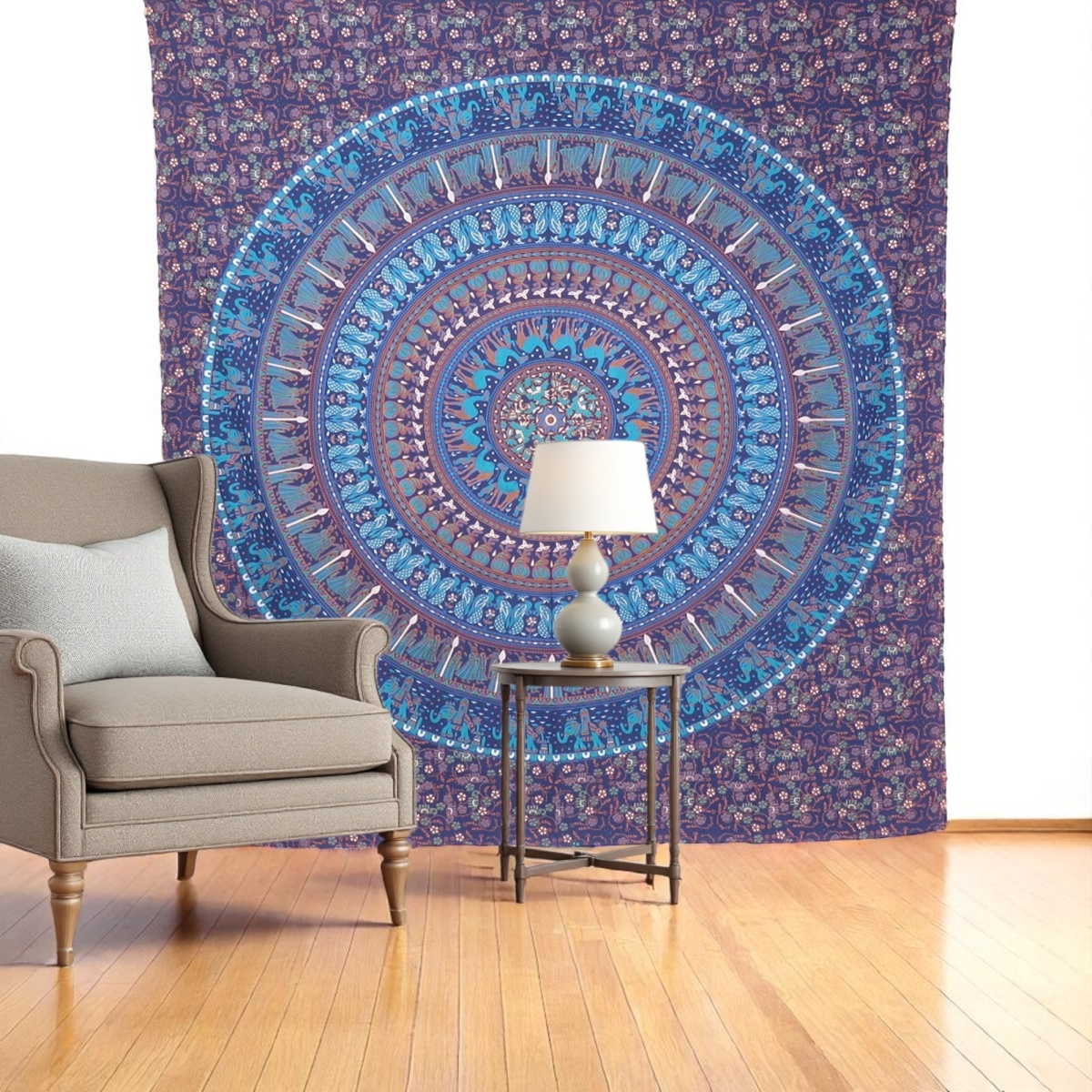 397422 92 x 84 in. Sky Blue & Purple Mandala Cotton Hanging Tapestry