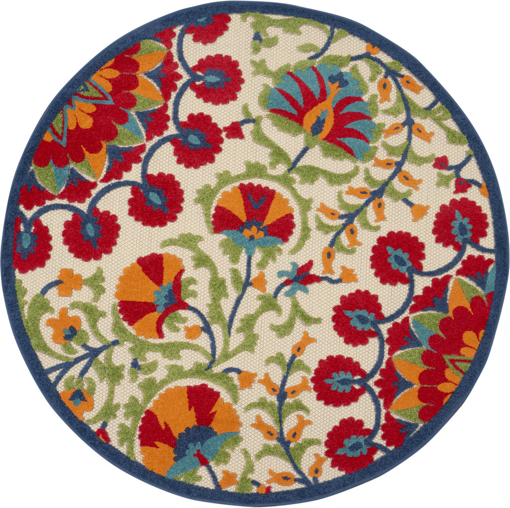 546785 5 ft. Navy Blue Beige Green Blue & Red Round Floral Indoor & Outdoor Area Rug