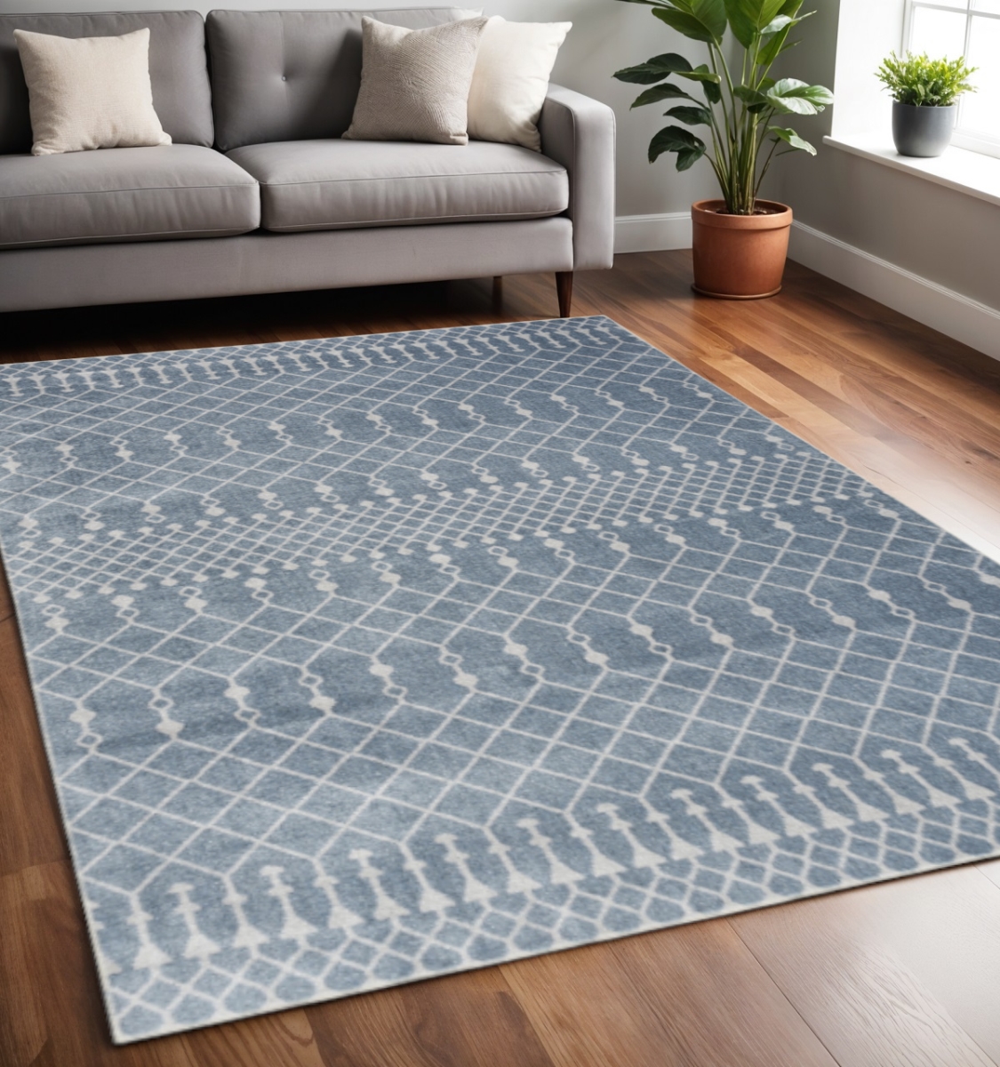 532896 5 x 7 ft. Blue & Ivory Moroccan Washable Rectangle Area Rug