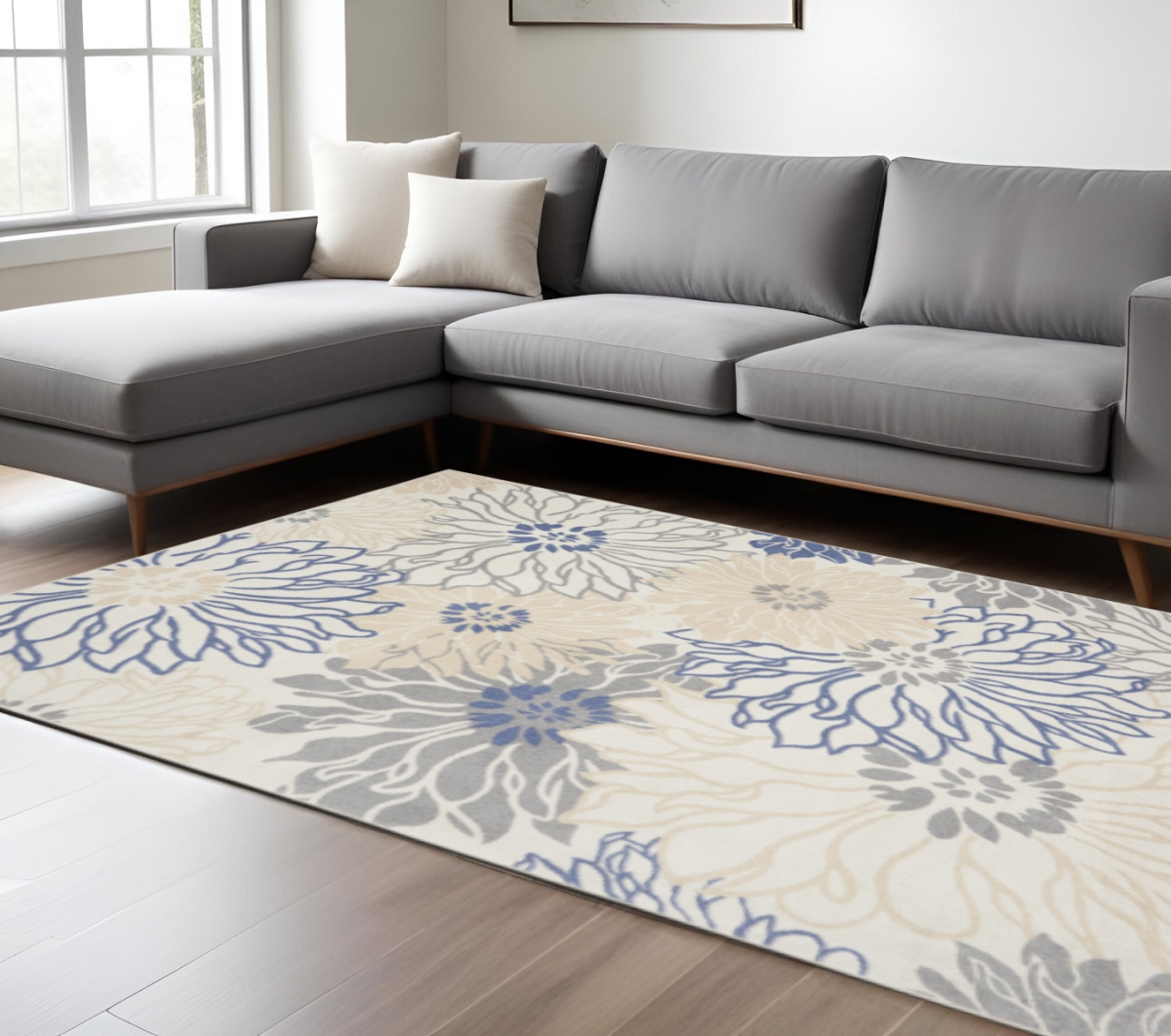 522511 8 x 10 ft. Ivory Gray & Blue Floral Rectangle Area Rug