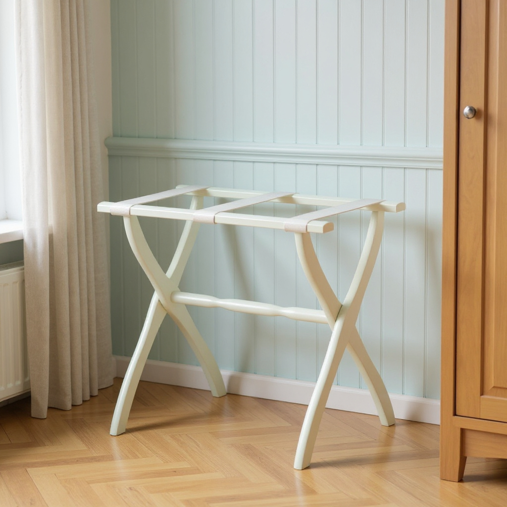 489580 White Folding Luggage Rack with White Straps