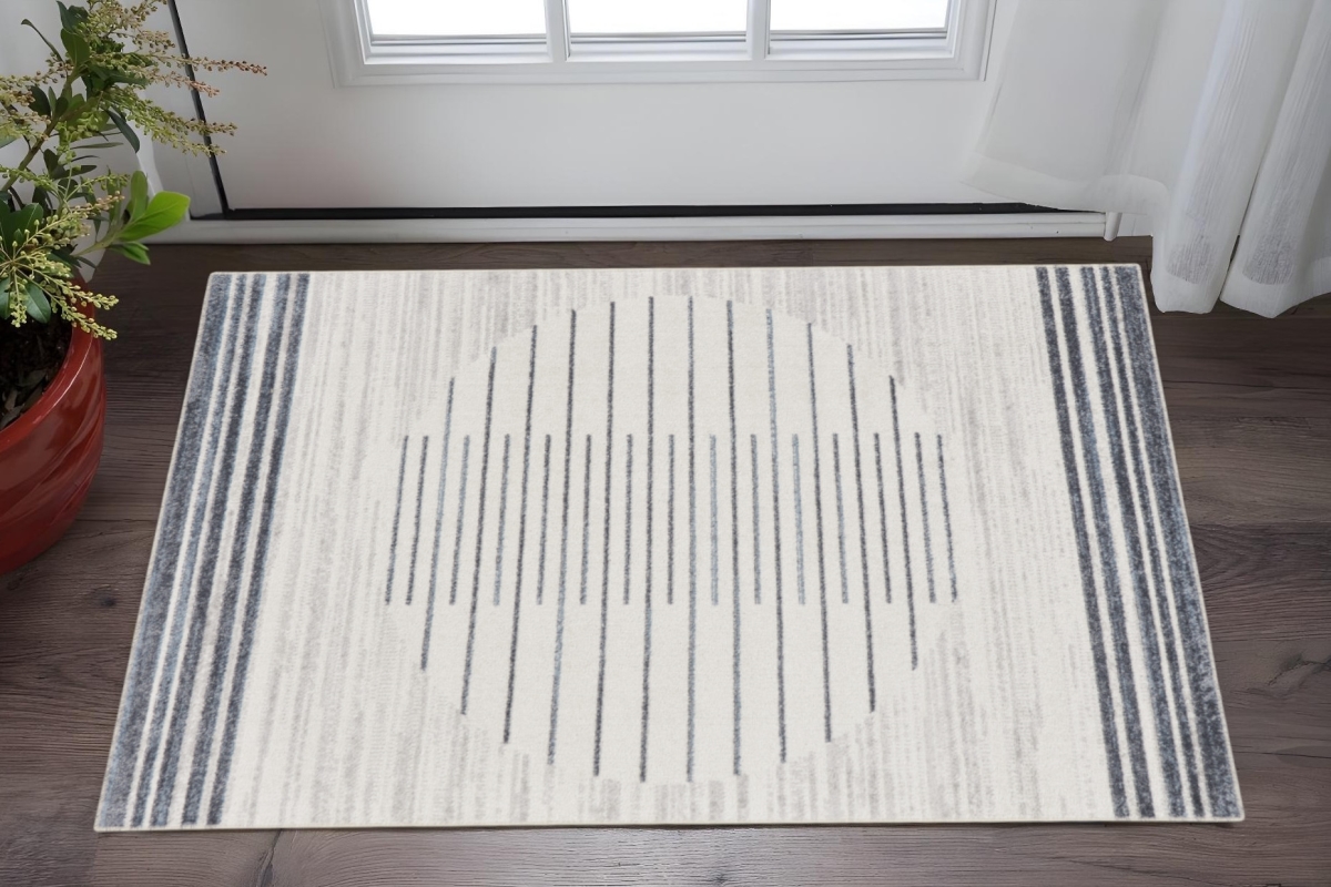 532852 3 x 5 ft. Ivory & Blue Geometric Washable Rectangle Area Rug