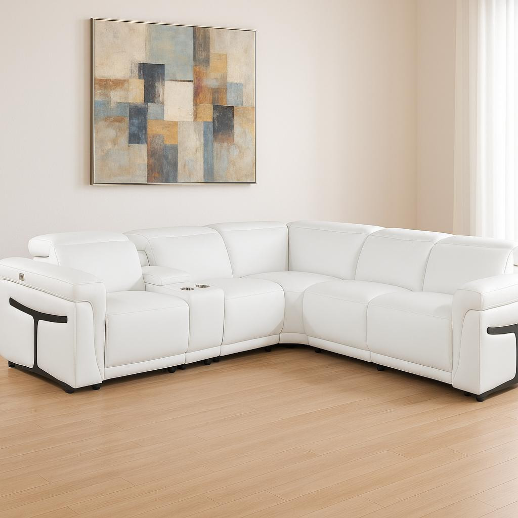 534877 White Italian Leather Modular L Shaped 6 Piece Corner Sectional with Console