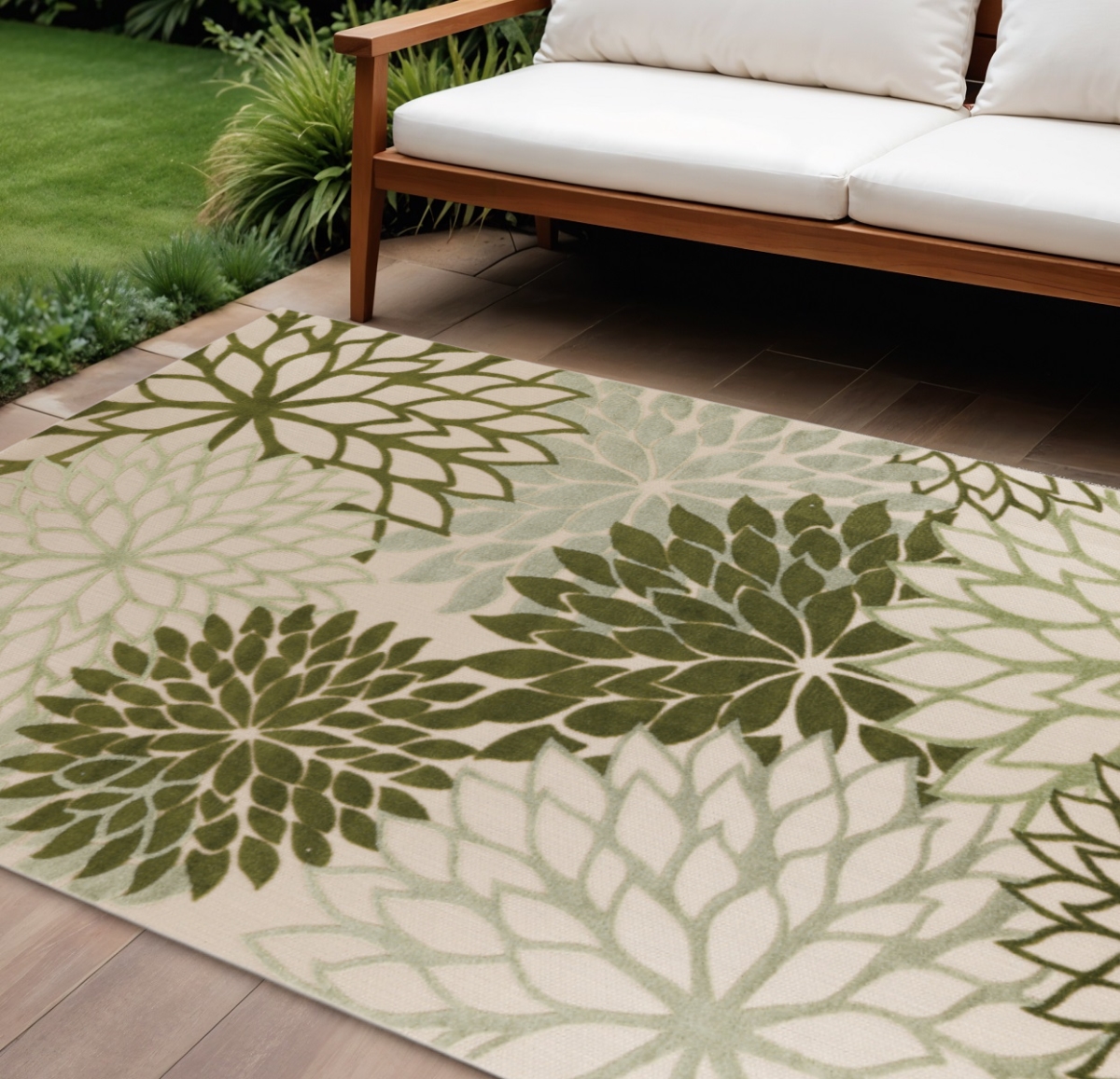 548128 12 x 15 ft. Ivory & Green Floral Indoor & Outdoor Rectangle Area Rug