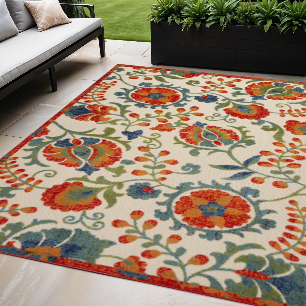 545037 5 x 8 ft. Red Gold Green & Teal Blue Floral Indoor & Outdoor Rectangle Area Rug