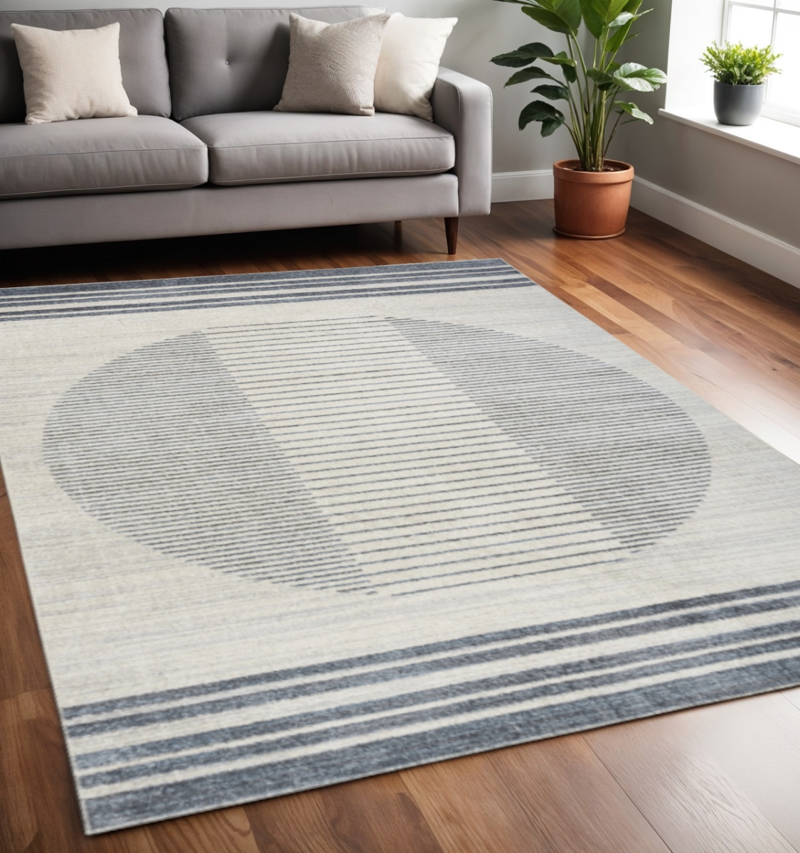 532859 5 x 7 ft. Blue & Ivory Geometric Washable Rectangle Area Rug