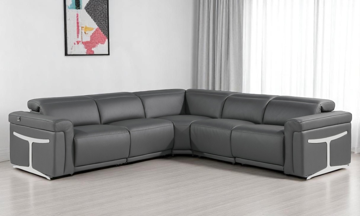 534864 Gray Italian Leather Modular L Shaped 5 Piece Corner Sectional
