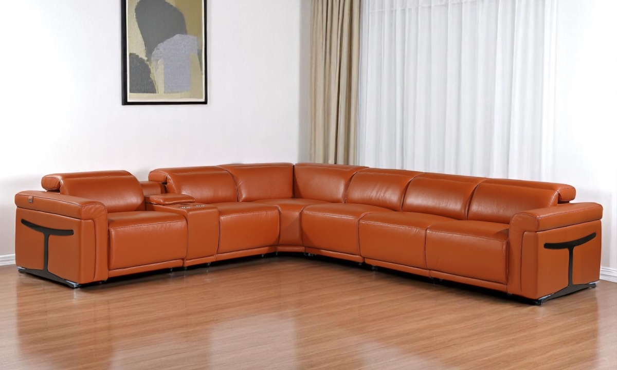 534860 Camel Italian Leather Modular L Shaped 7 Piece Corner Sectional with Console