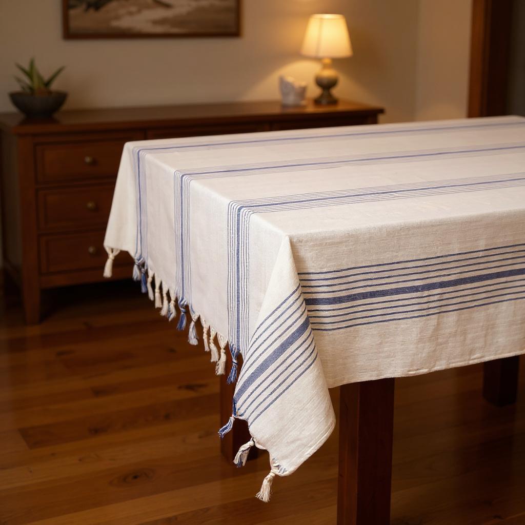 Picture of HomeRoots 518962 71 x 95 in. Cream & Blue Striped Cotton Tablecloth & Napkins Set