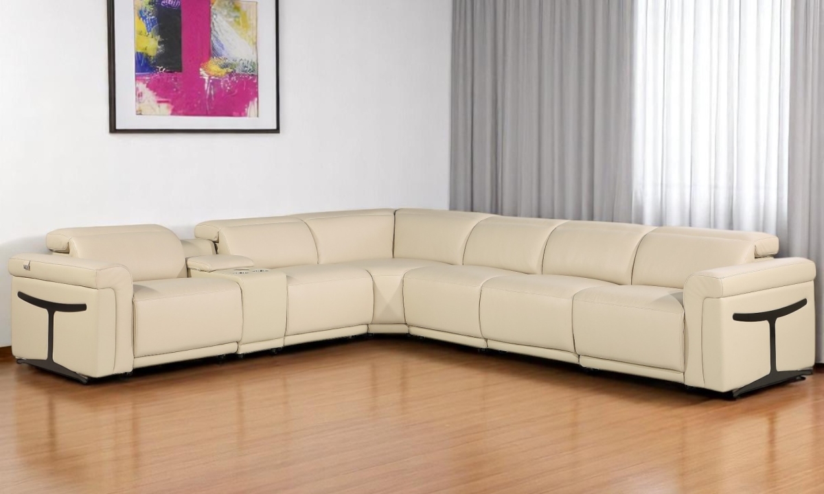 534849 Beige Italian Leather Modular L Shaped 7 Piece Corner Sectional with Console