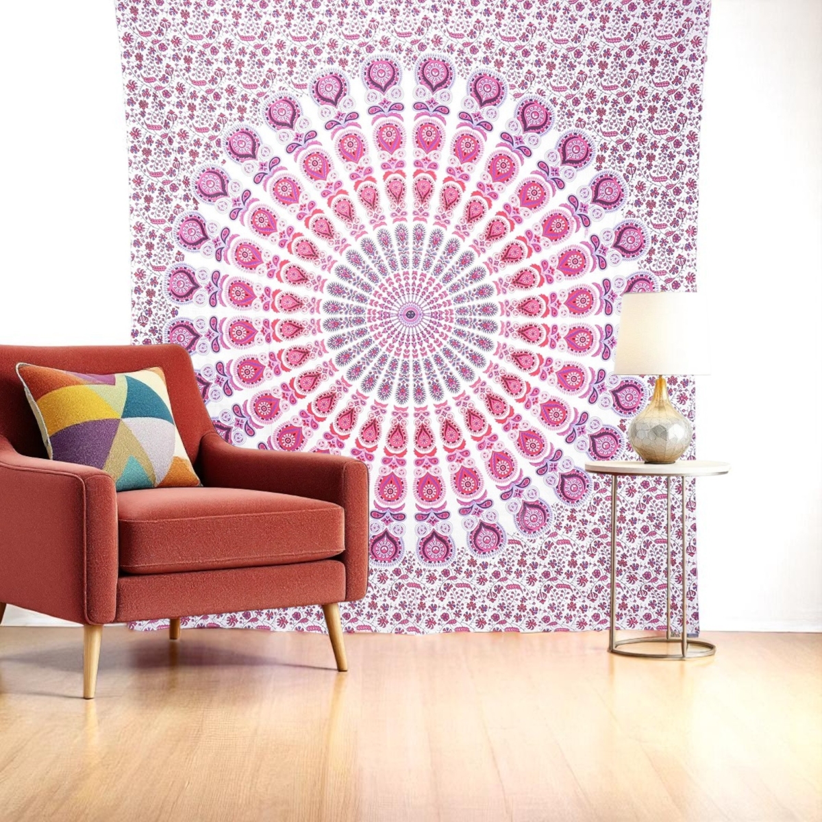 Mandala Cotton Hanging Tapestry - Pink White & Red - 92 x 84 in - Handmade Art