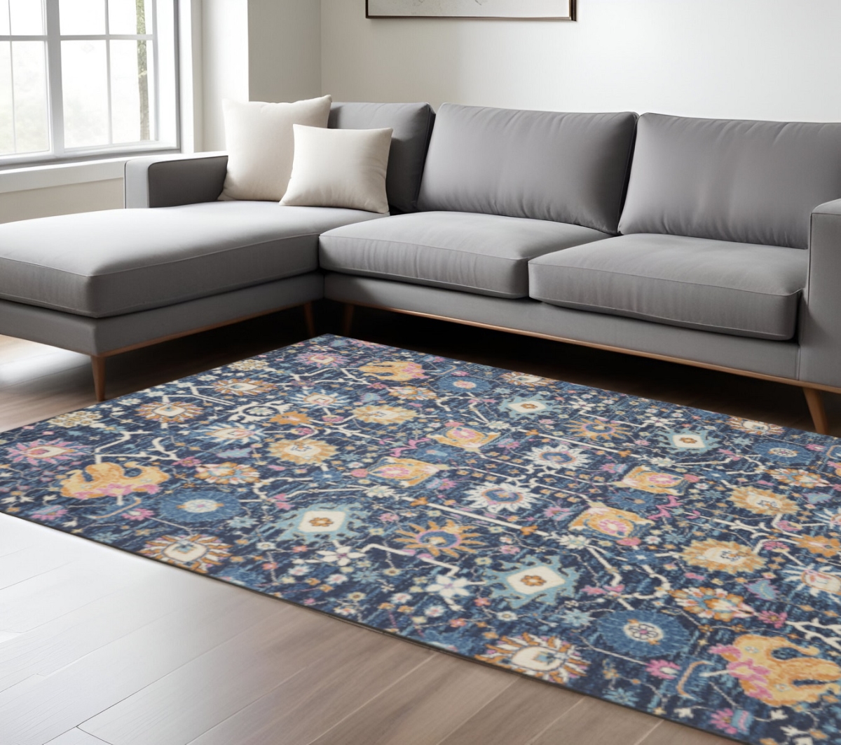 522420 9 x 12 ft. Blue & Gold Floral Rectangle Area Rug