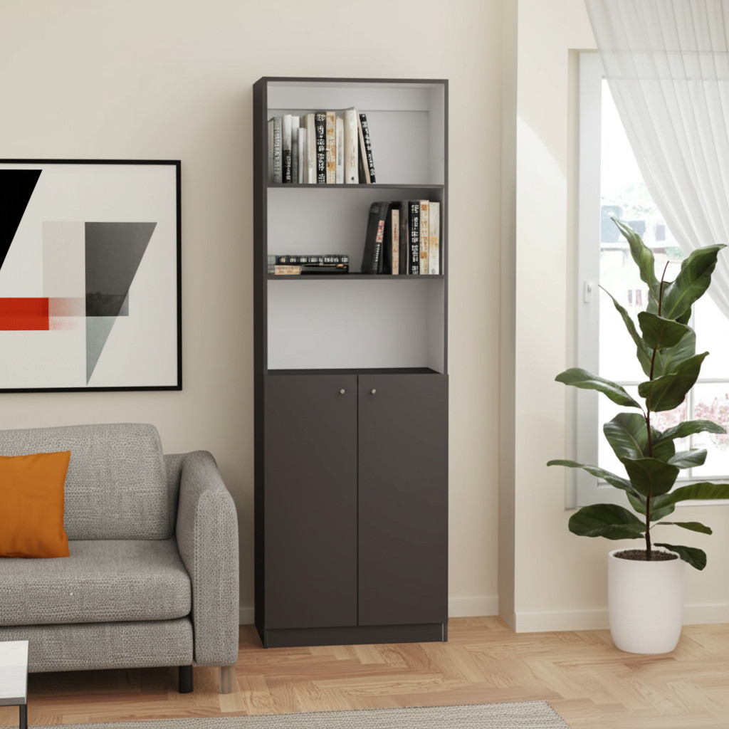546197 71 in. Gray & White Wood Three Tier Bookcase with Two Doors