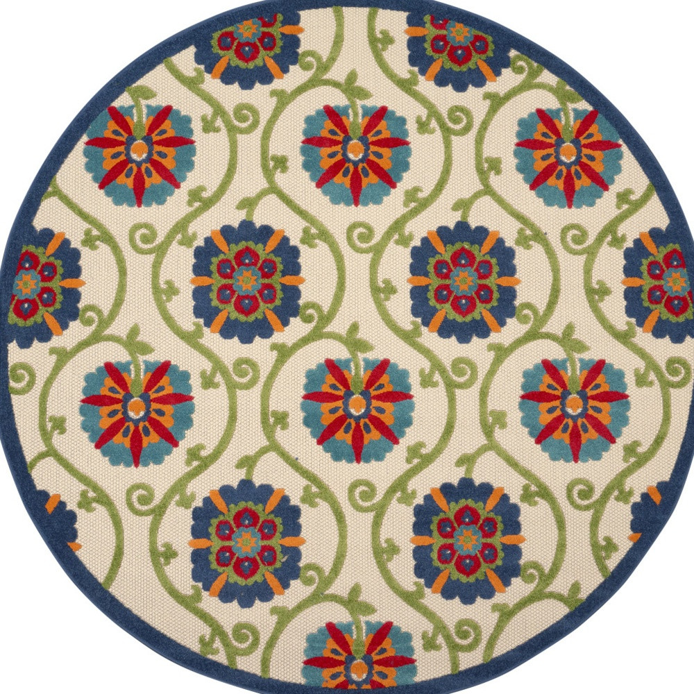 546784 8 ft. Navy Blue Beige Green Blue & Red Round Floral Indoor & Outdoor Area Rug
