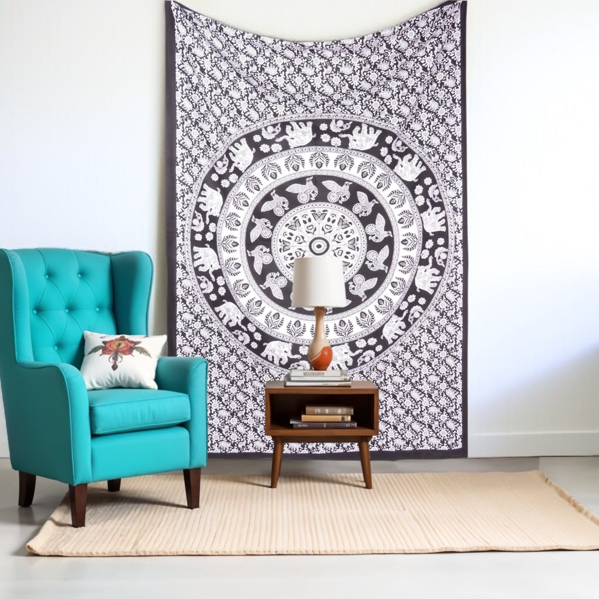 397206 80 x 56 in. Black & White Mandala Cotton Hanging Tapestry