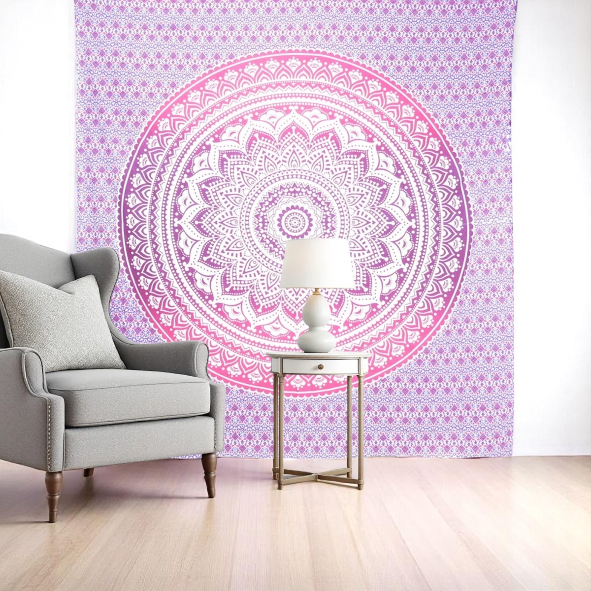 397399 92 x 84 in. Pink & White Mandala Cotton Hanging Tapestry