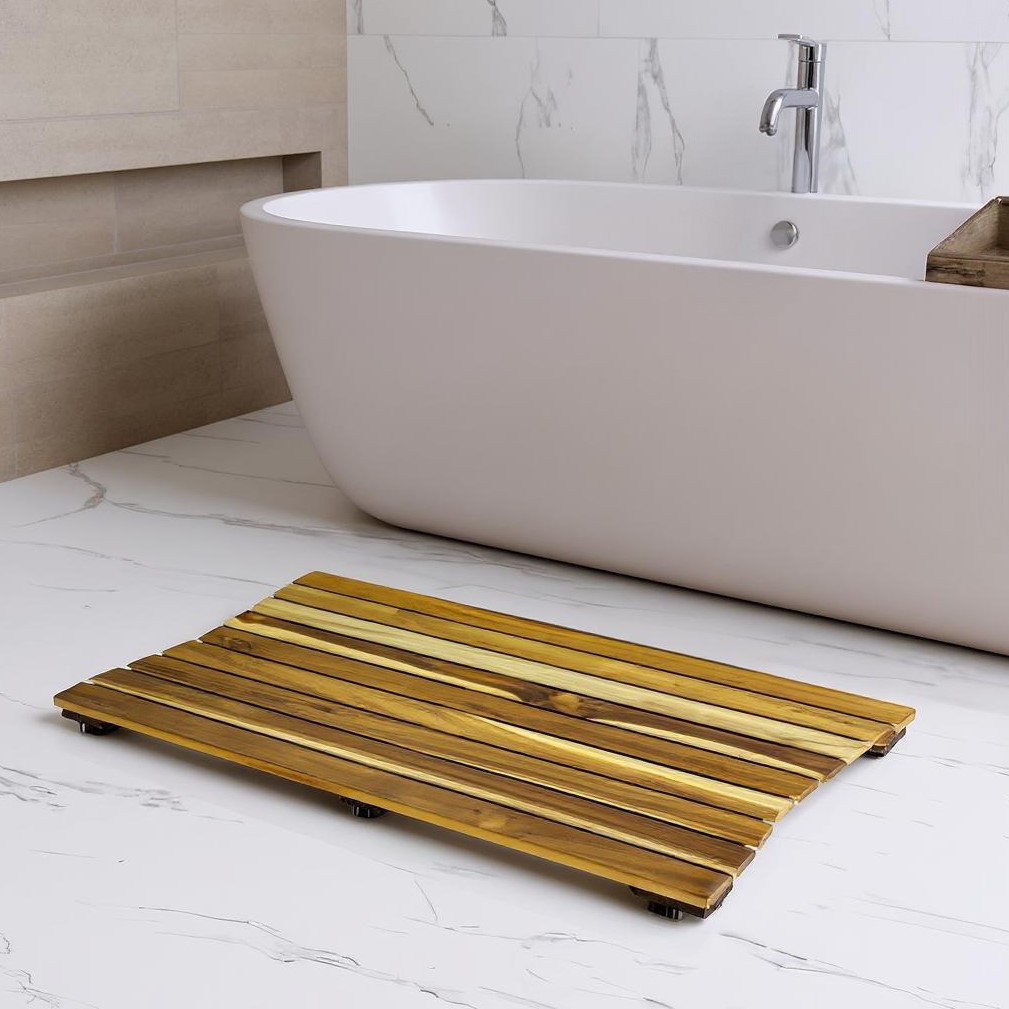 383340 23 in. Brown Teak Slat Non Slip Bath Mat