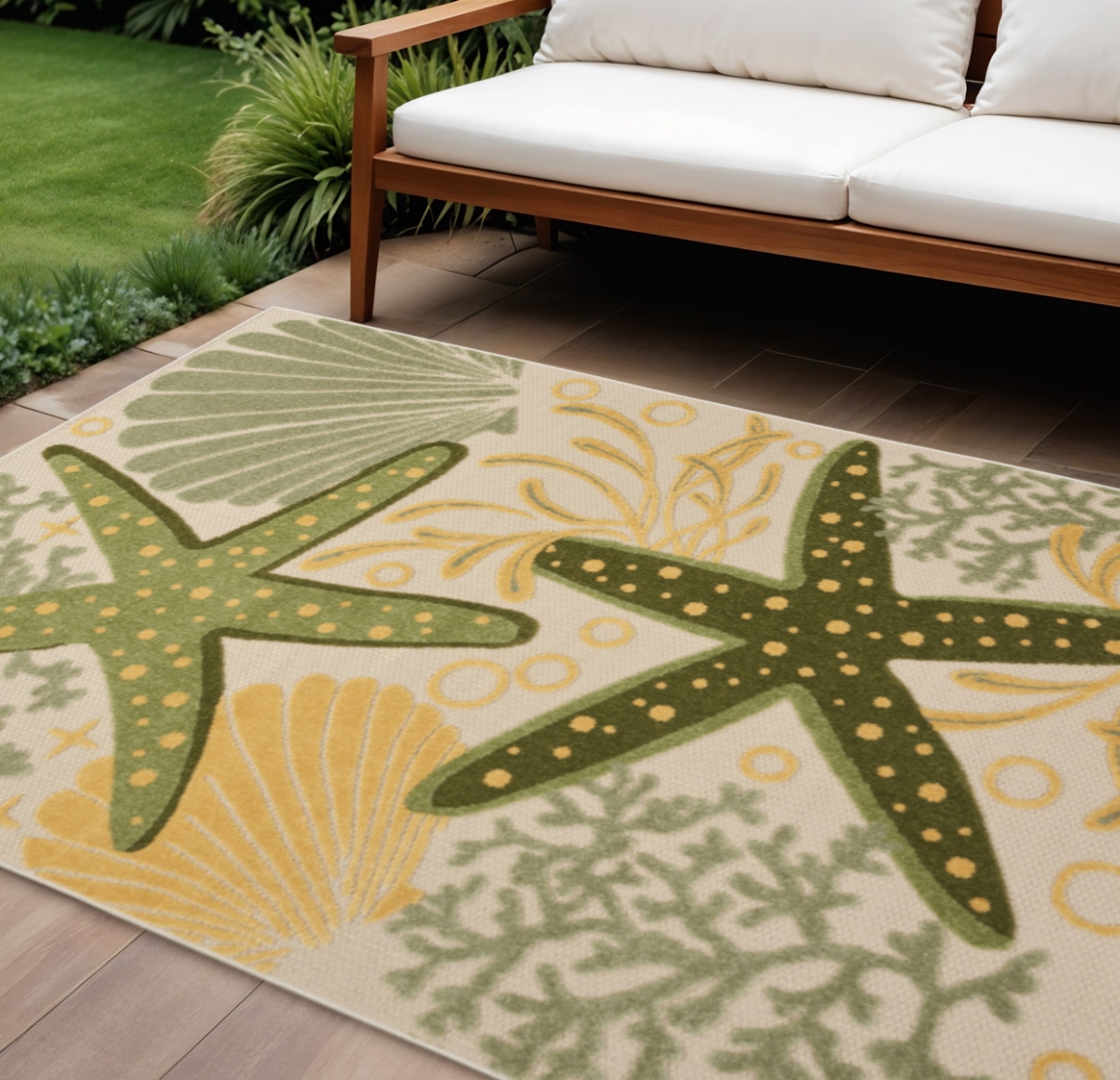 548126 12 x 15 ft. Green Blue Yellow & Dark Green Starfish Indoor & Outdoor Rectangle Area Rug