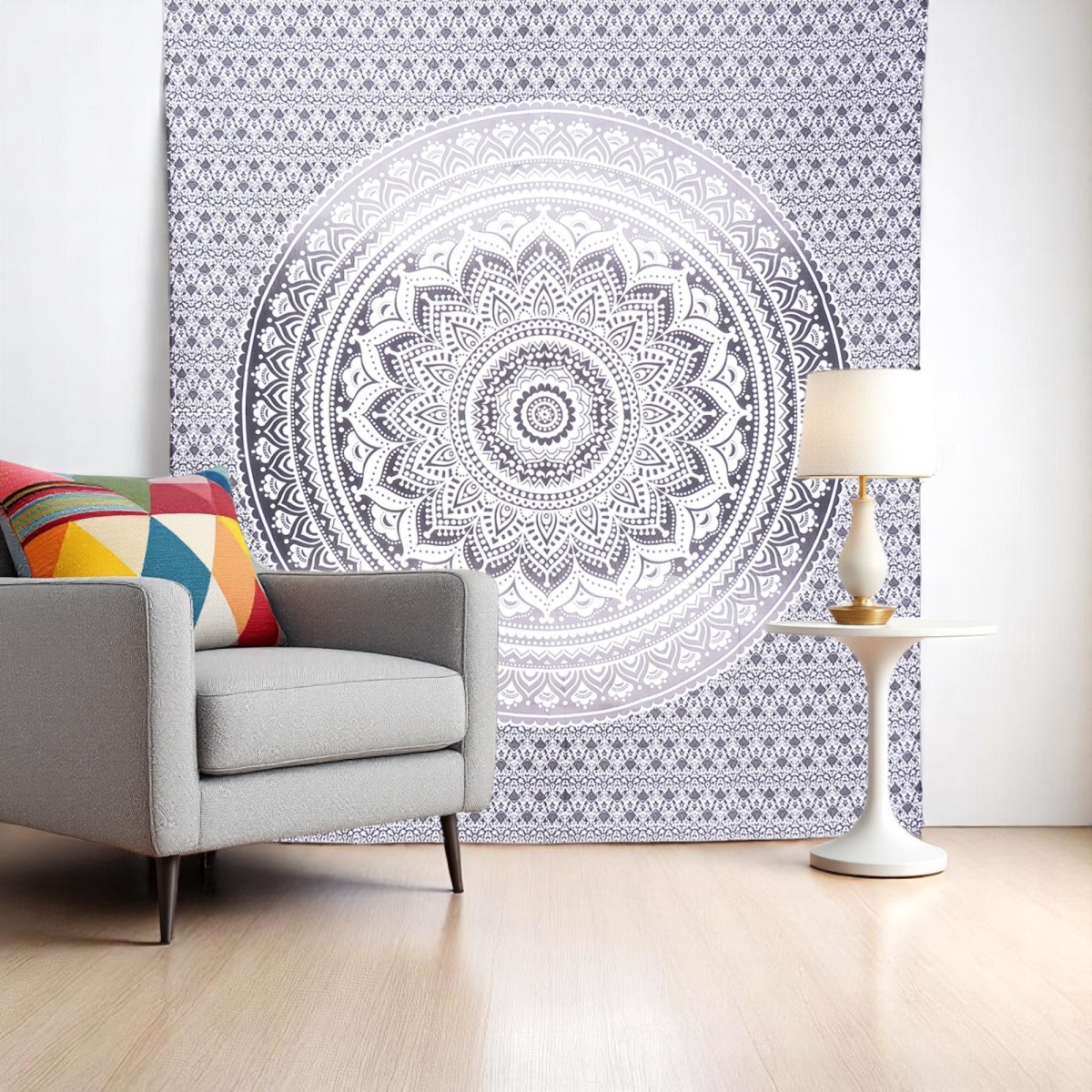 397401 92 x 84 in. Gray & White Mandala Cotton Hanging Tapestry