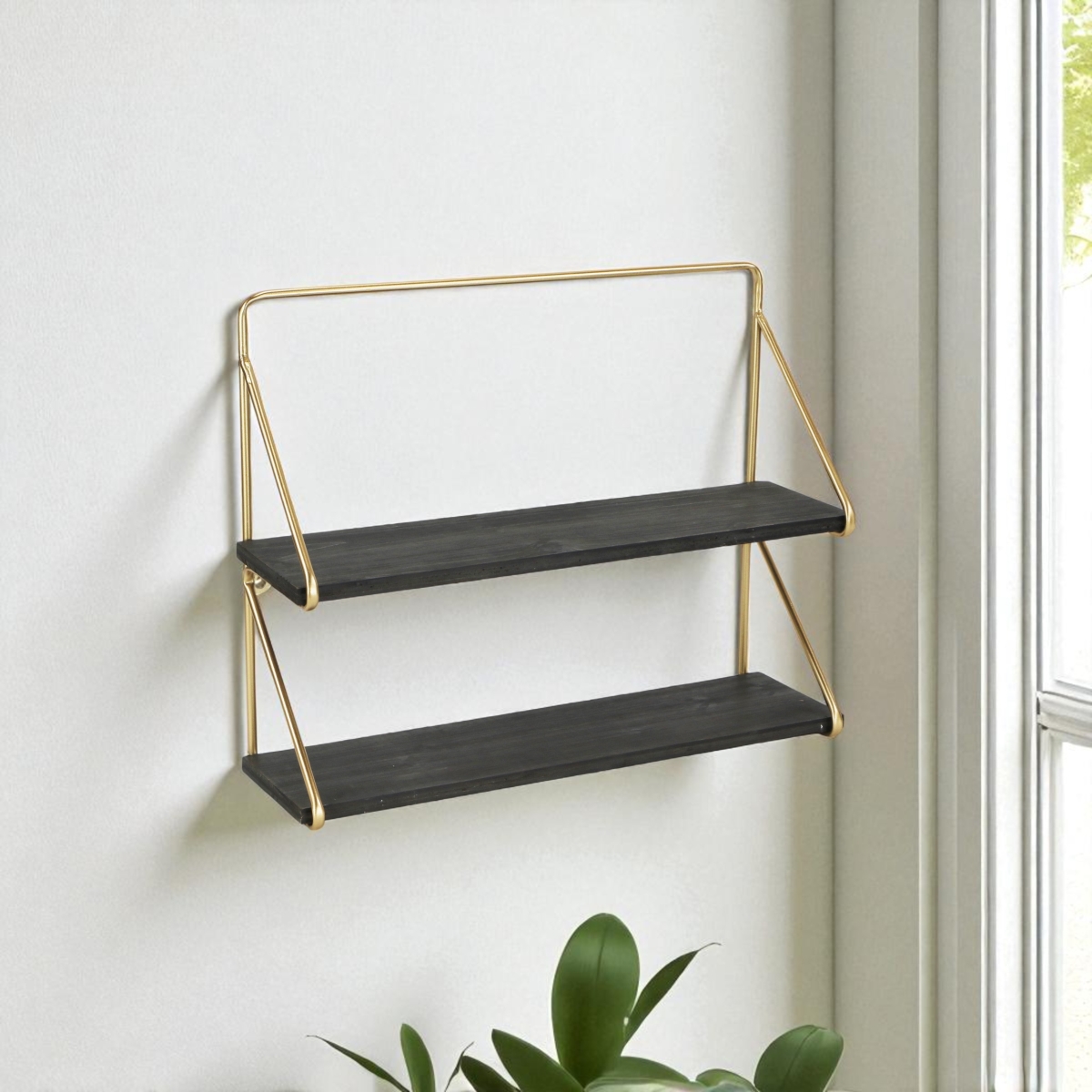 489048 21 in. Dark Gray & Gold Metal & Wood Wall Mounted Tiered Shelf