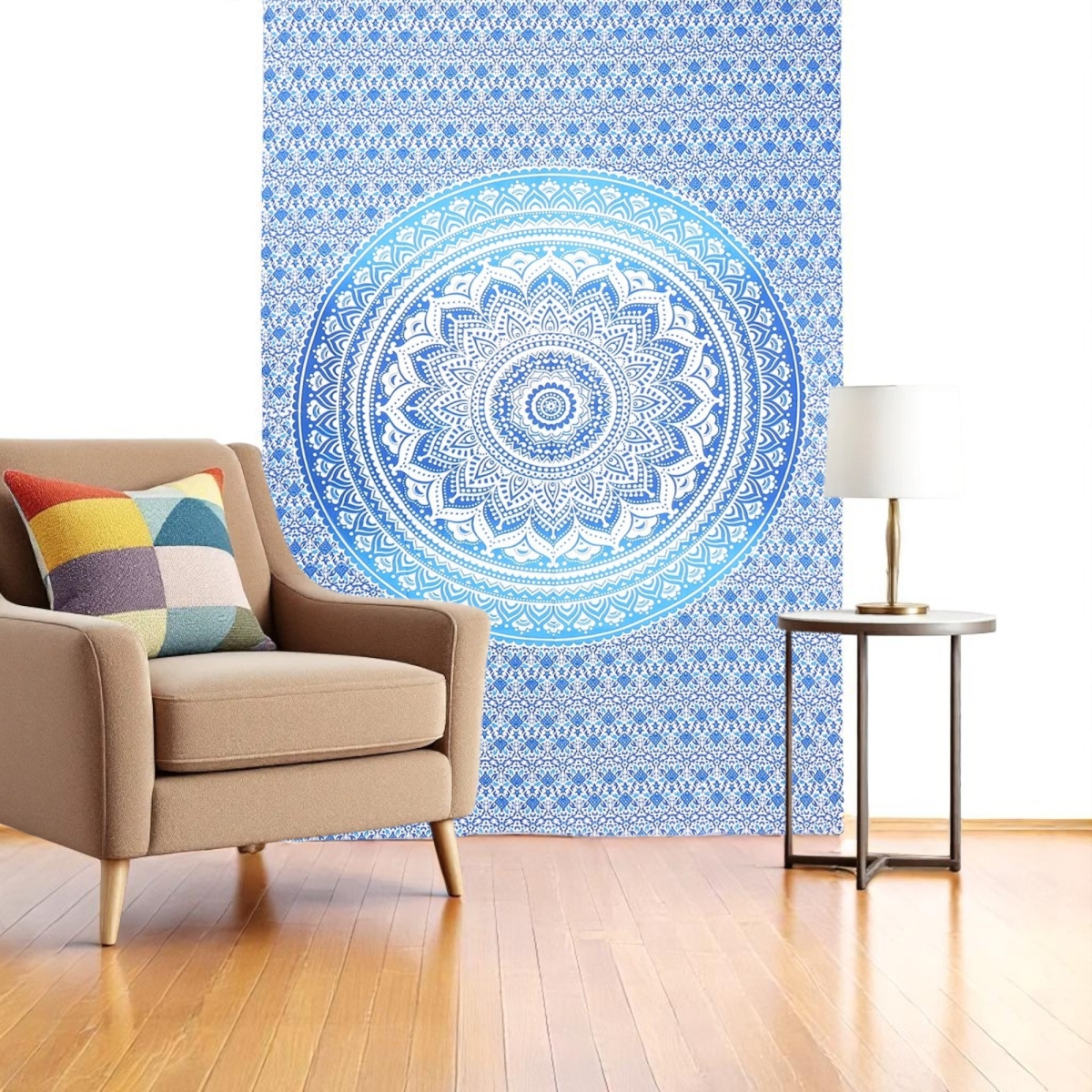 397186 80 x 56 in. Blue & White Mandala Cotton Hanging Tapestry