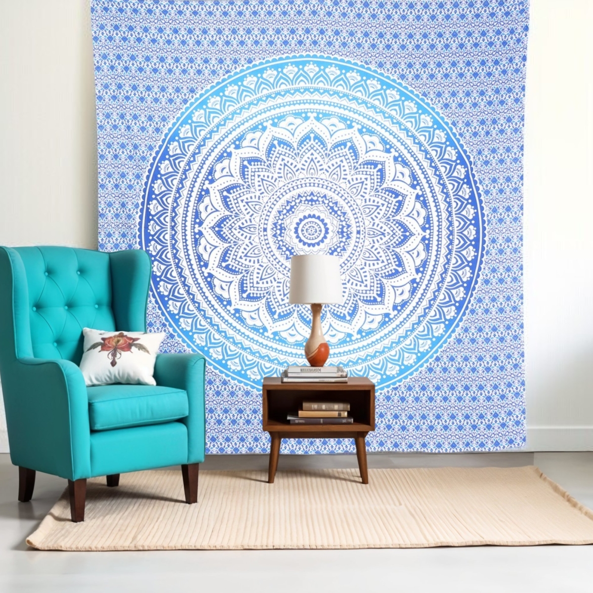 397400 92 x 84 in. Blue & White Mandala Cotton Hanging Tapestry