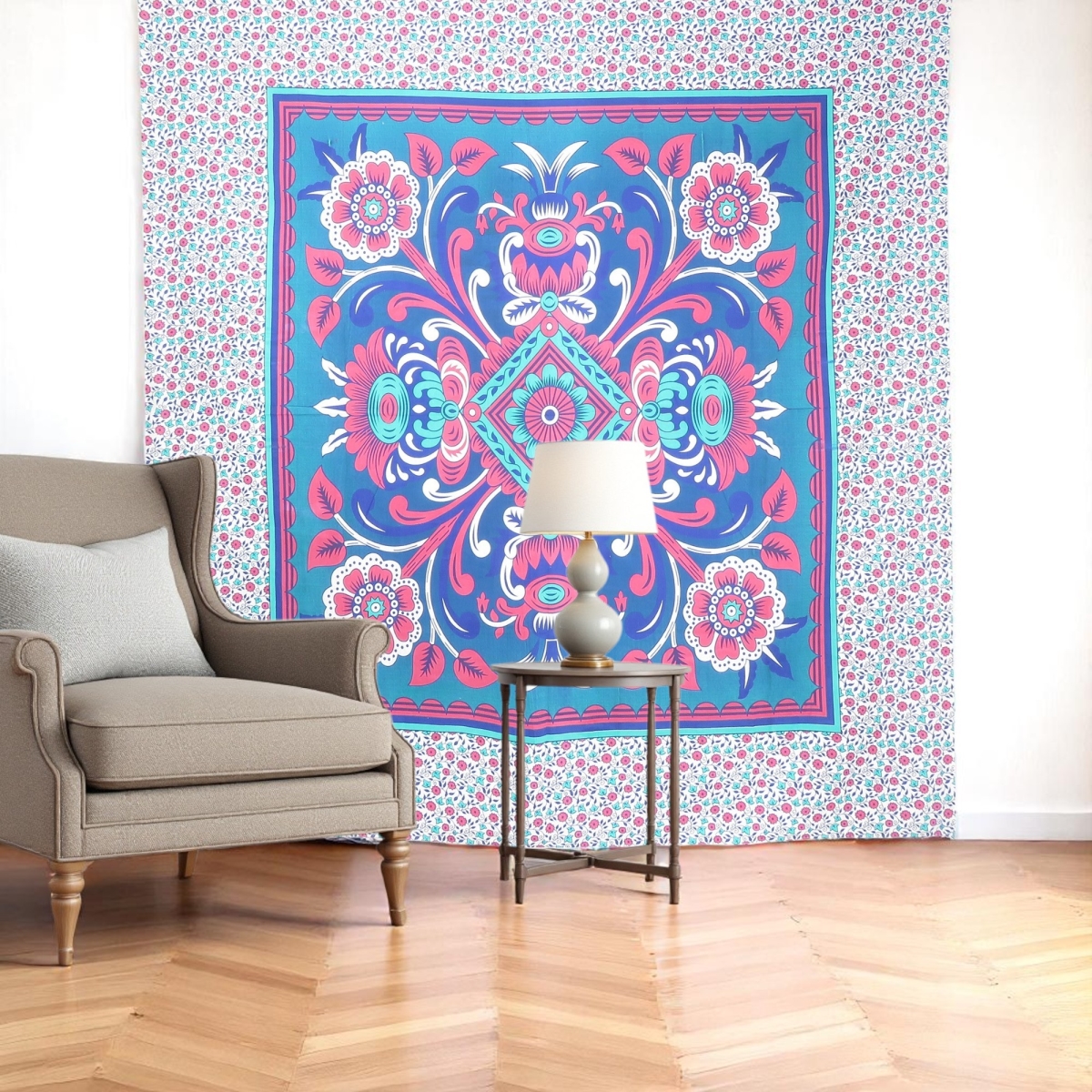Floral Cotton Tapestry - Blue Red White - 88 x 84 in. - Handmade Bohemian Art
