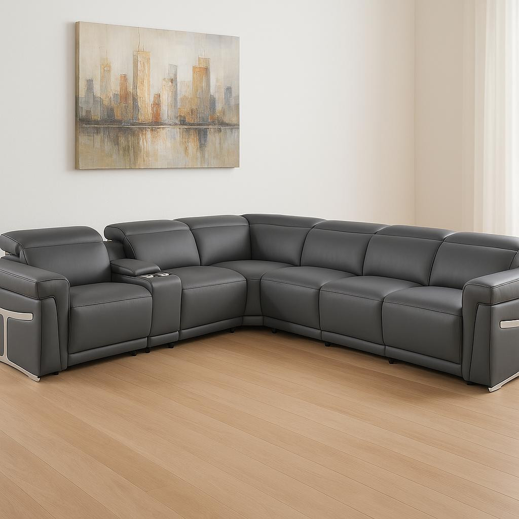 534866 Gray Italian Leather Modular L Shaped 7 Piece Corner Sectional with Console