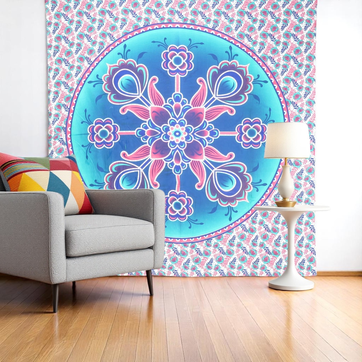 397425 88 x 84 in. Pink Sky Blue & White Floral Cotton Hanging Tapestry