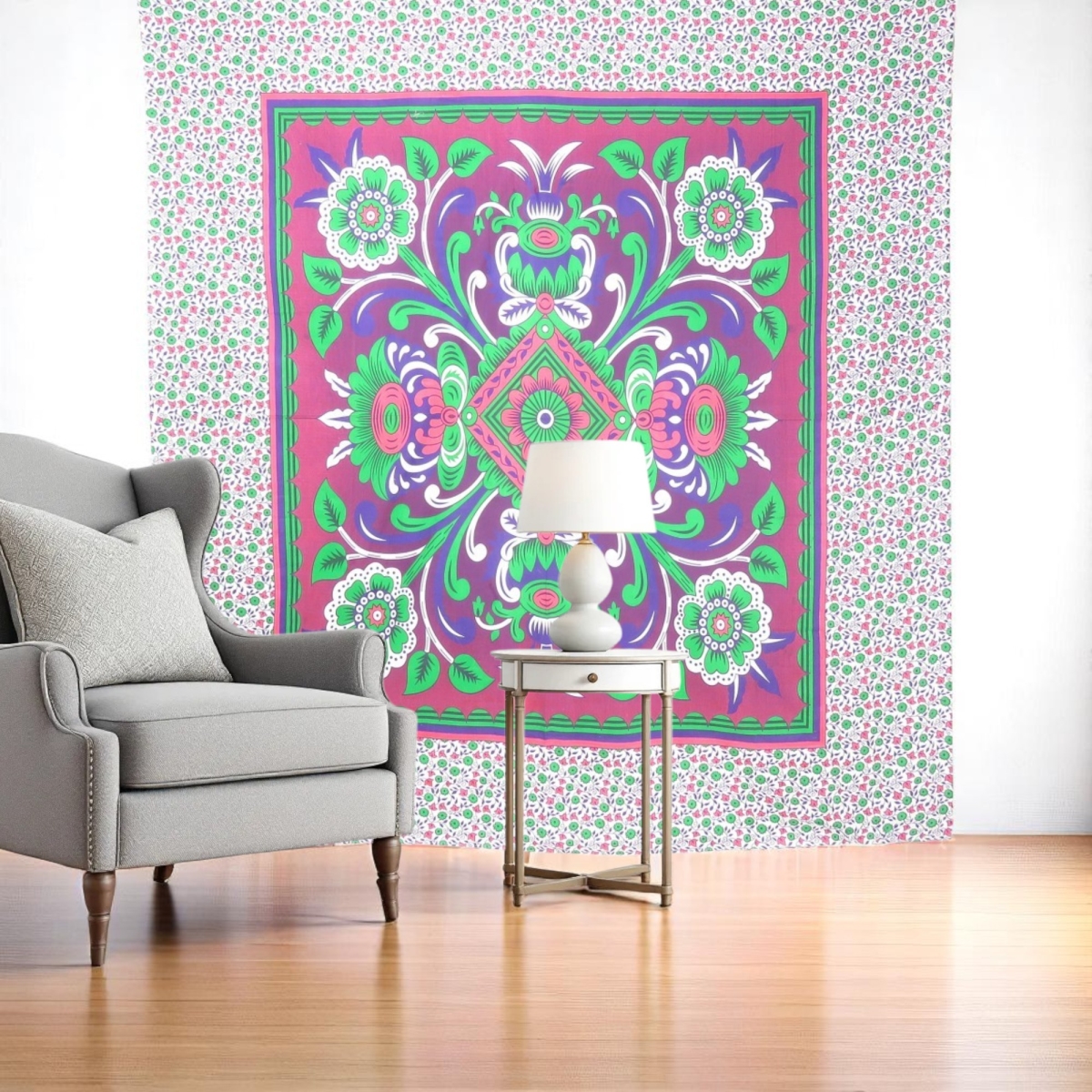 397429 88 x 84 in. Pink Green & White Floral Cotton Hanging Tapestry