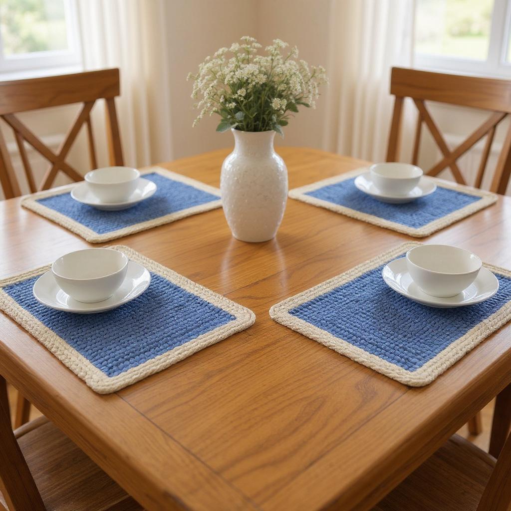 Picture of HomeRoots 548880 19 in. Blue & Natural Solid with Border Cotton Placemats - Set of 4