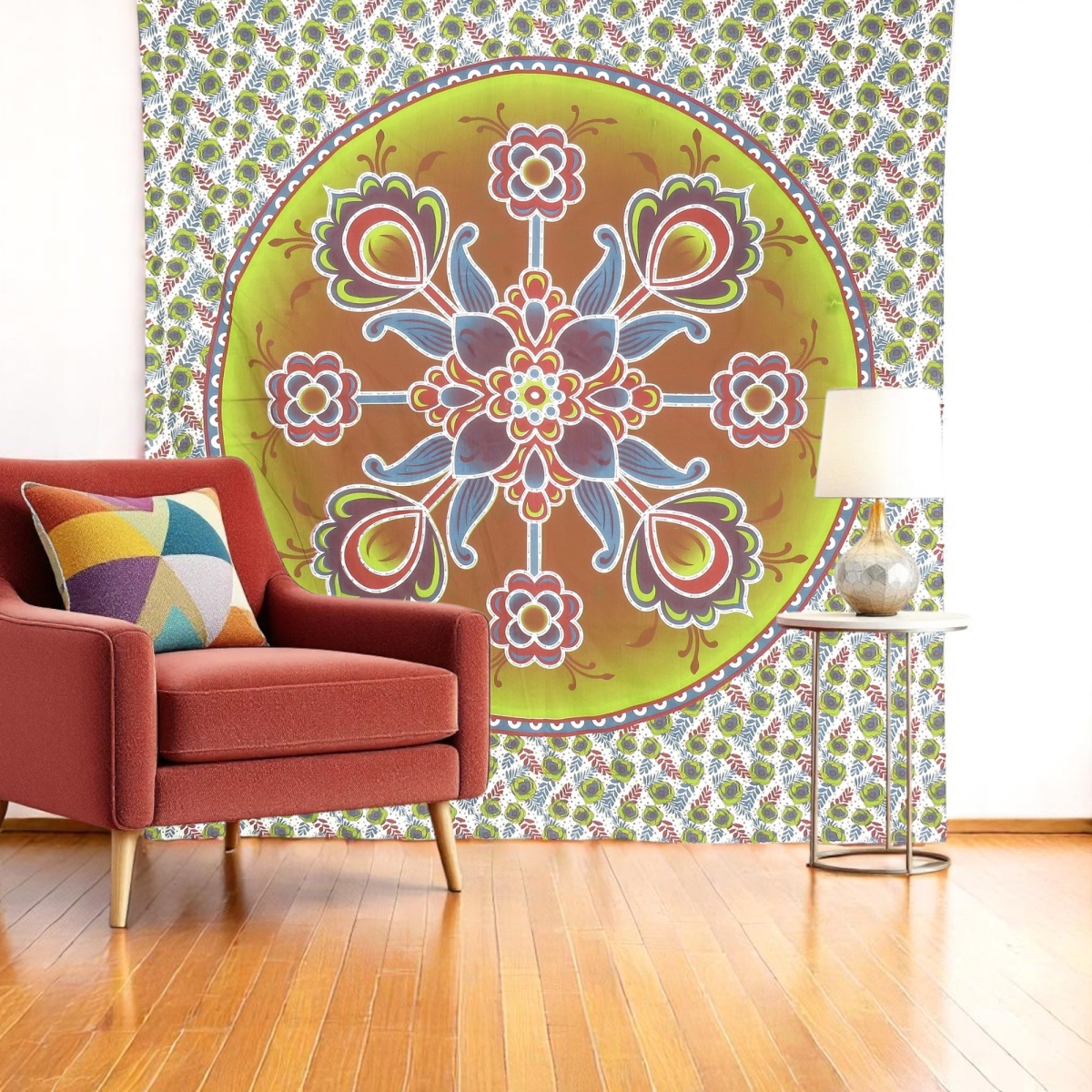 397426 88 x 84 in. Green White & Yellow Floral Cotton Hanging Tapestry