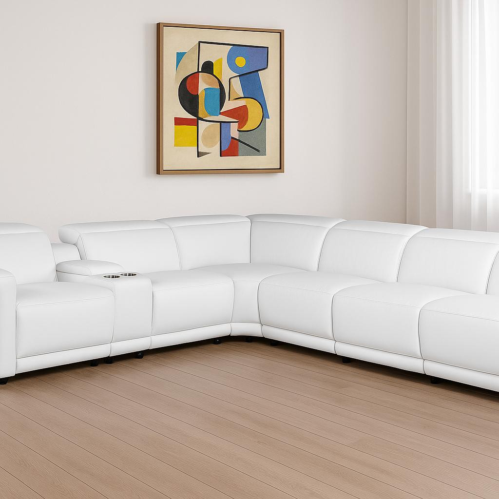 534878 White Italian Leather Modular L Shaped 7 Piece Corner Sectional with Console