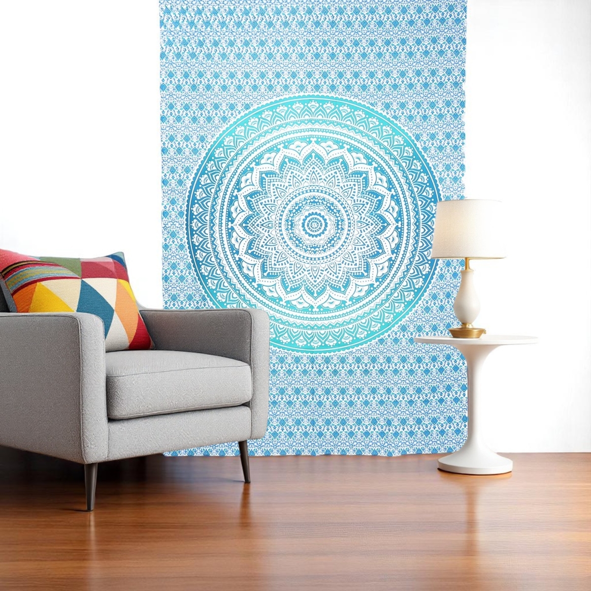 397184 80 x 56 in. Blue & White Mandala Cotton Hanging Tapestry