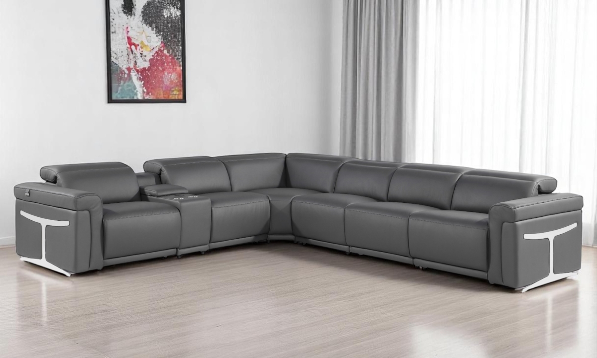534867 Gray Italian Leather Modular L Shaped 7 Piece Corner Sectional with Console