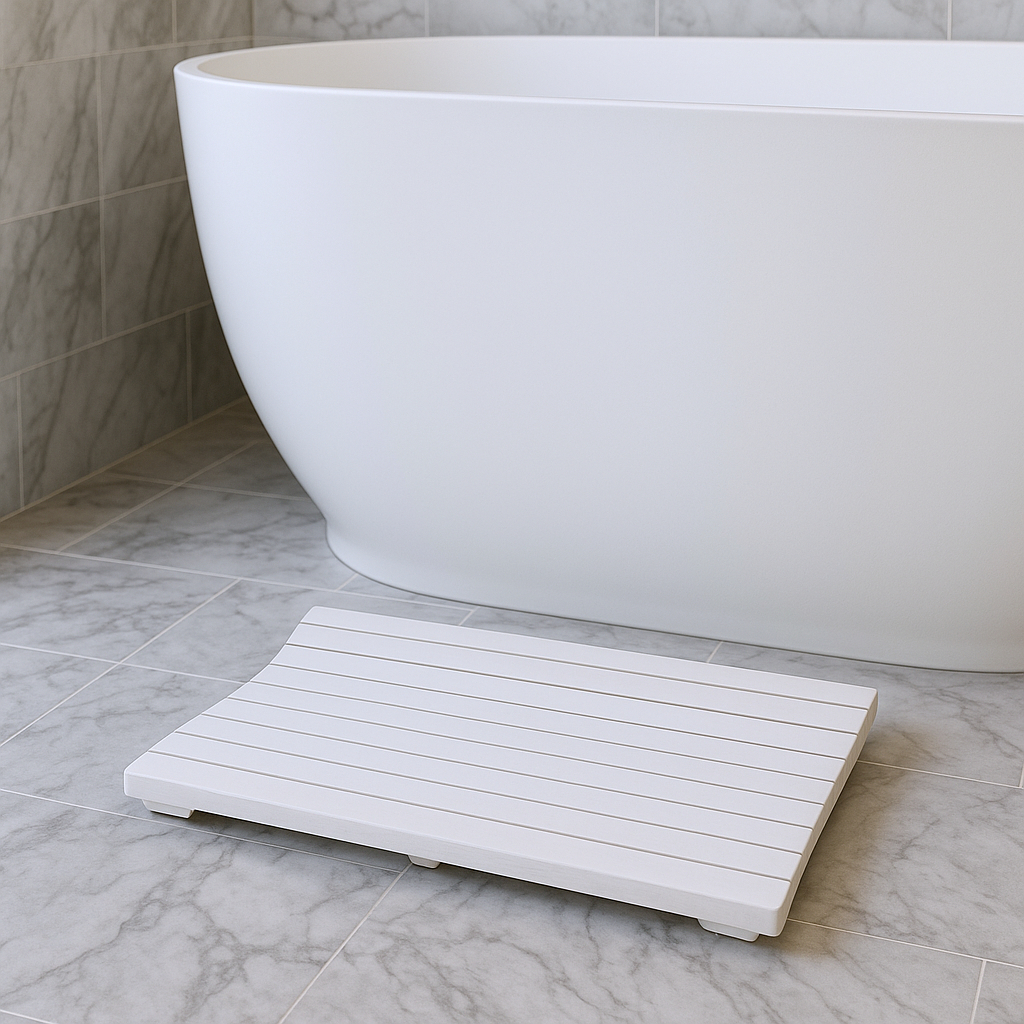 383347 23 in. White Teak Slat Non Slip Bath Mat