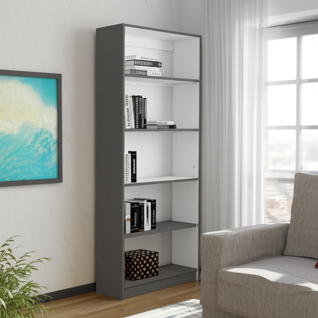 546195 71 in. Gray & White Wood Five Tier Bookcase