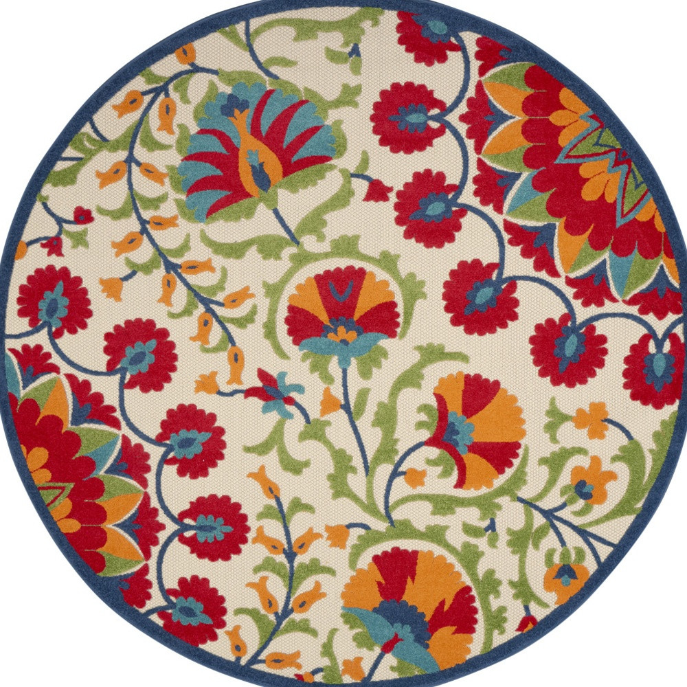 546786 8 ft. Navy Blue Beige Green Blue & Red Round Floral Indoor & Outdoor Area Rug