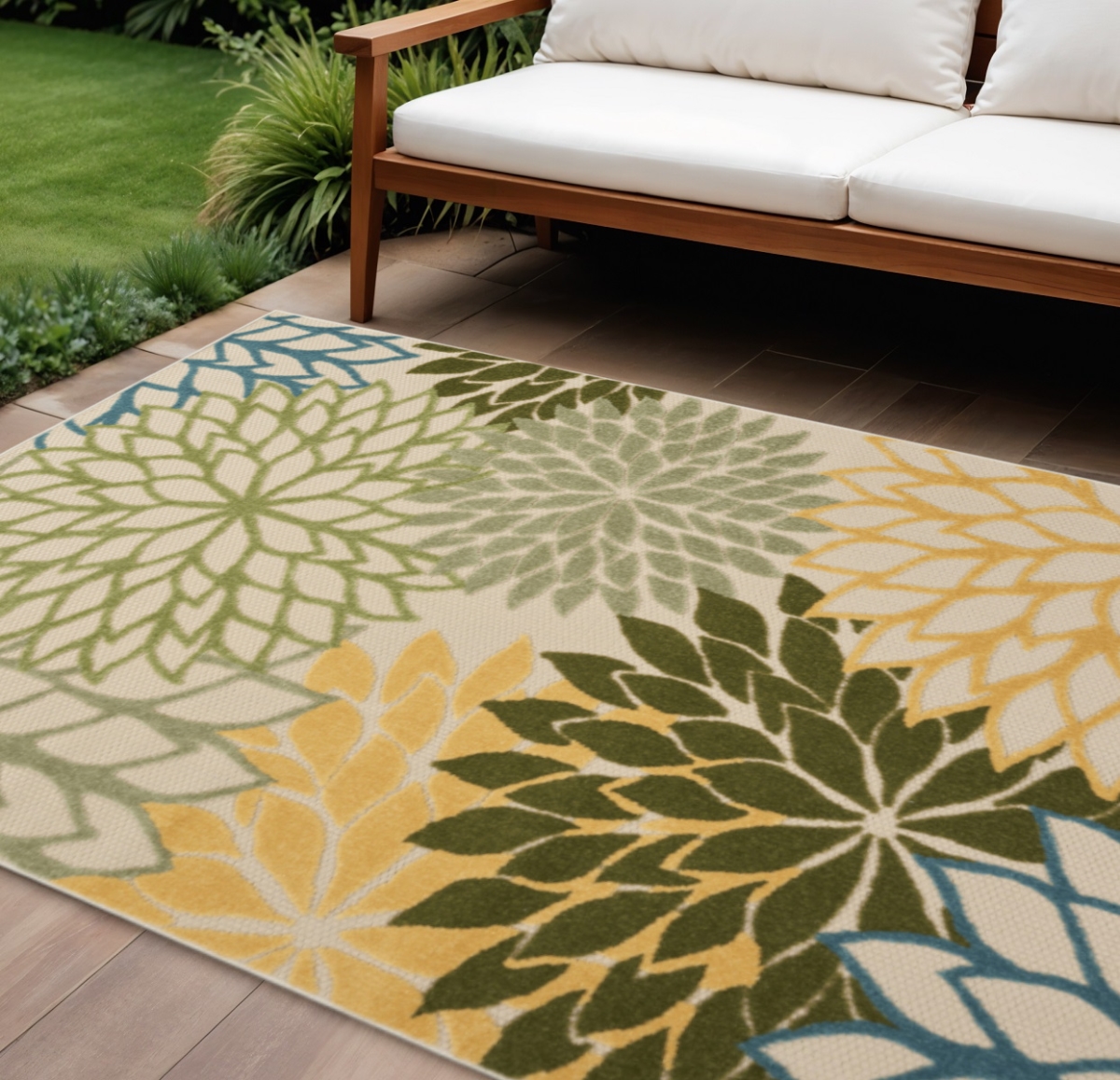 548125 12 x 15 ft. Green Blue Yellow & Dark Green Floral Indoor & Outdoor Rectangle Area Rug