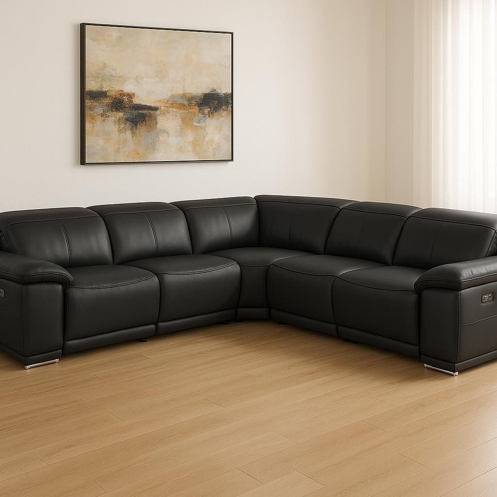 532759 Black Italian Leather Modular L Shaped 5 Piece Corner Sectional
